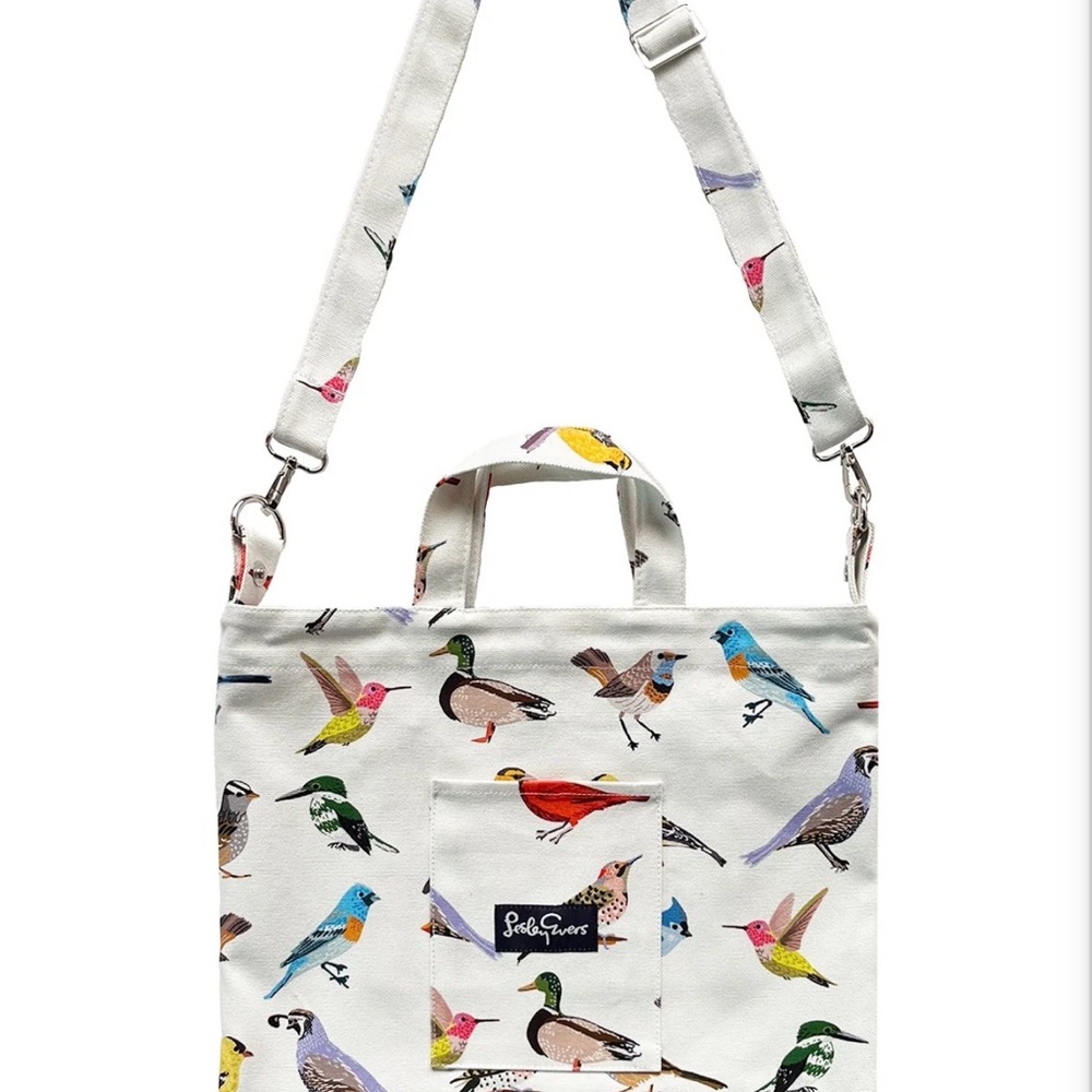 Lesley Evers Bird Print Canvas Crossbody Tote - White with Multicolor Birds